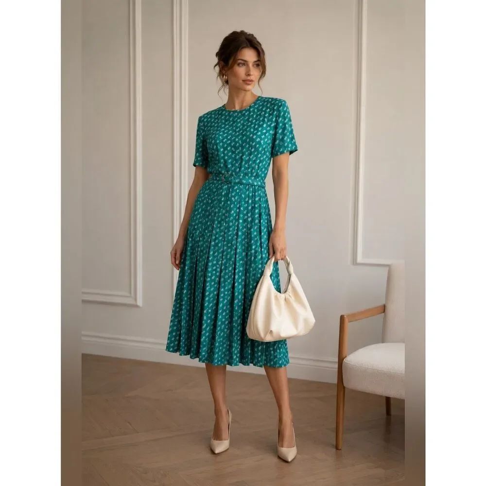 Leslie Fay Dresses Turquoise Geometric Short Sleeve Vintage Belted Sz 14 * Note